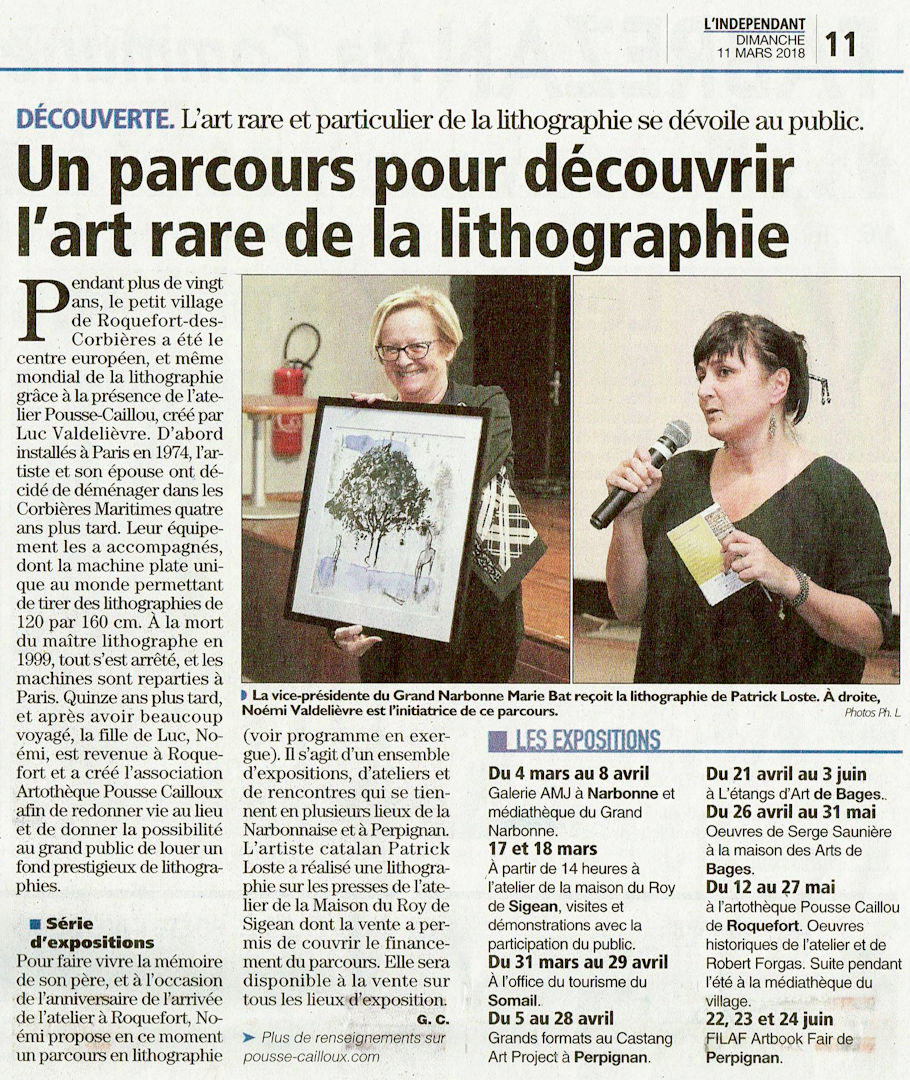 Article du journal L'Indépendant du 11 Mars 2018 - Un parcours pour découvrir l'art rare de la lithographie
