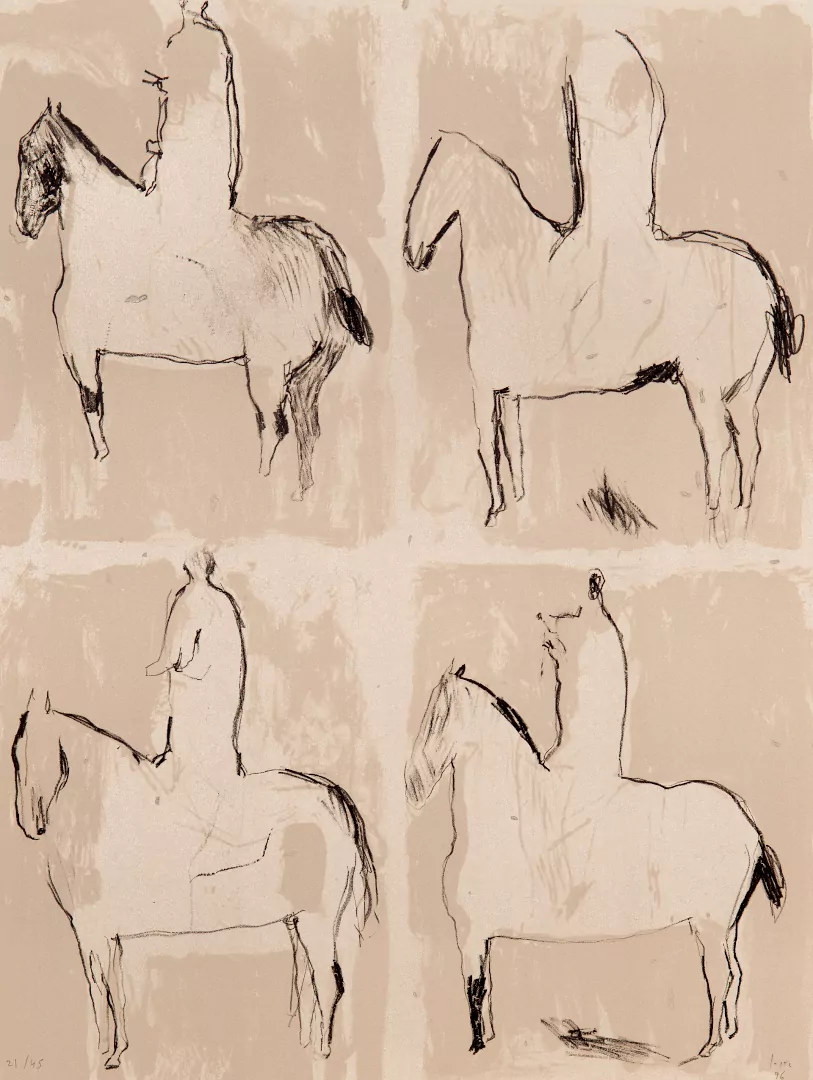 4 Cavaliers - lithographie de Patrick Loste, artiste peintre catalan. Lithographie réalisée et imprimée à l'atelier Pousse Caillou de Roquefort des Corbières