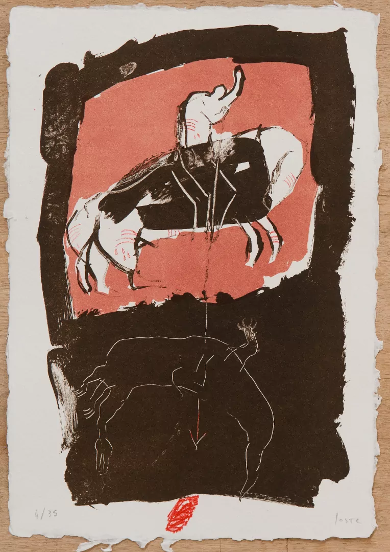 Première lithographie de l'album Saint-Georges et le dragon - lithographies de Patrick Loste, artiste peintre catalan. Atelier Pousse Caillou à Roquefort des Corbières