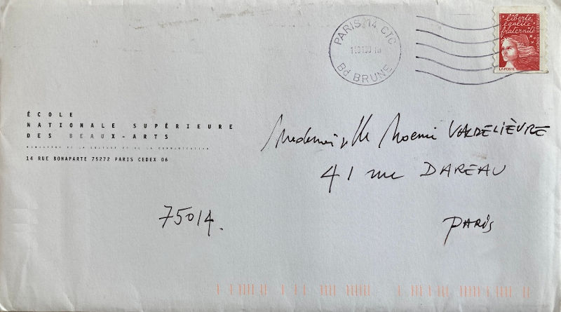 Lettre envoyée à Noémi Valdelièvre par Patrick Devreux, imprimeur lithographe, peintre, graveur et photographe, après la mort de Luc Valdelièvre
