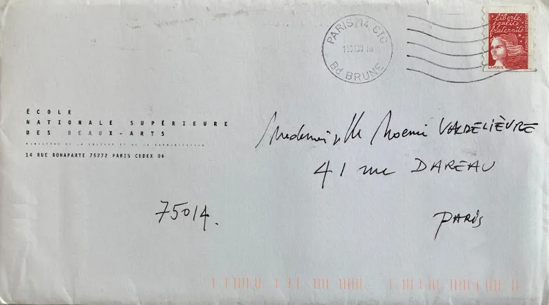 Lettre envoyée à Noémi Valdelièvre par Patrick Devreux, imprimeur lithographe, peintre, graveur et photographe, après la mort de Luc Valdelièvre